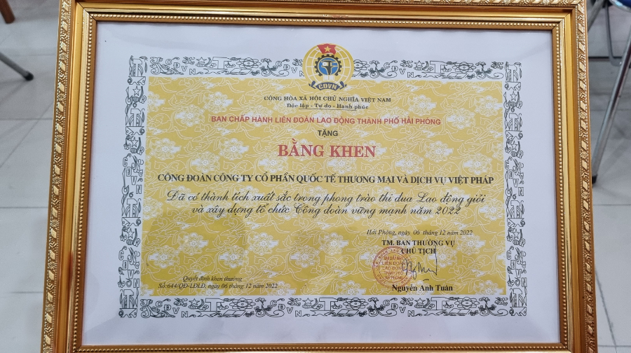 Công Đoàn Việt Pháp vinh dự nhận bằng khen LĐLĐ TP Hải Phòng